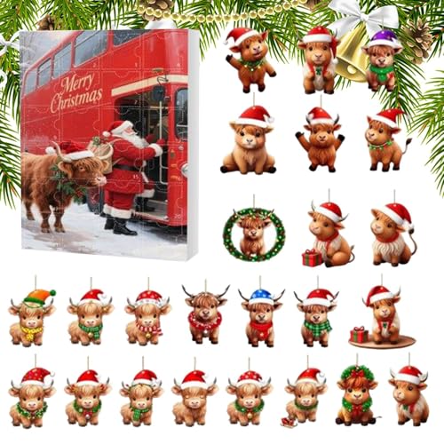 Highland Cow Advent Kalender 2025-24 ta-ge Weihnachtskalender 2d Acryl Highland Cow Weihnachten Ornamente für Ferienhaus Family Tree Fenster Walltür Auto Rückspiegel von Yabauuop