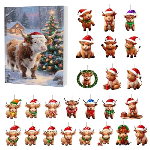 Kuh Weihnachtsfest 2025 - Highland Cow Advent Calendars 2025 | 24 ta-ge Countdown -Kalender 2d Acryldekor für Ferienhaus Stammbaumfenster Walltür Auto Rückspiegel von Yabauuop
