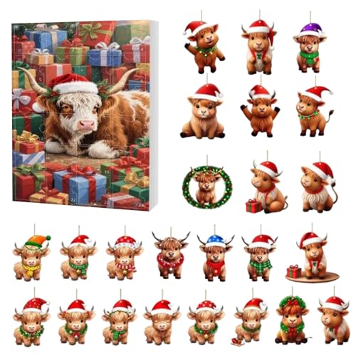 Kuh Weihnachtsfest 2025 - Highland Cow Advent Calendars 2025 | 24 ta-ge Countdown -Kalender 2d Acryldekor für Ferienhaus Stammbaumfenster Walltür Auto Rückspiegel von Yabauuop