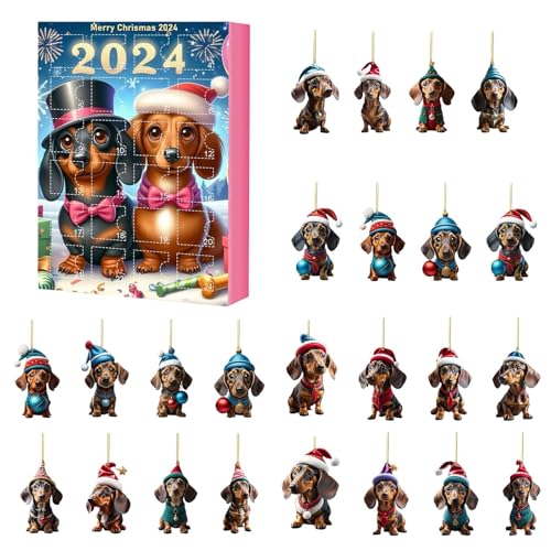 Weihnachts-Dackel-Adventskalender 2024, Dackel-Weihnachts-Countdown-Kalender 2024, 24-teiliger 2D-Acryl-Flugzeug-Dackel-Hängeornament Für Weihnachtsbaumschmuck von Yabauuop
