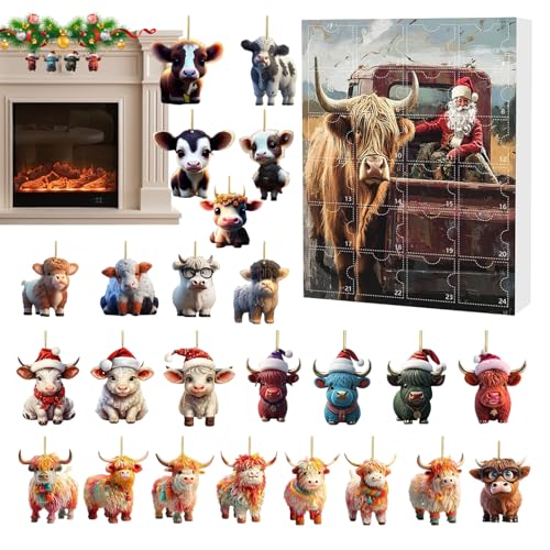 Yabauuop Advent Countdown Kalender Highland Cow 24 Tage - Adventskalender Mit 2D Acrylic Highland Cow Ornamente | Tier Deko Für Auto Innenspiegel Wand Fenster Weihnachtsbaum Tür Party von Yabauuop