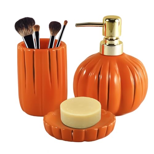 Kürbis Badezimmer Set, 3PC Keramik Badezimmer Zubehör - Zahnbürstenhalter, Seifenspender, Seifenschale, lustige Badezimmer Deko, Badezimmer Organizer von YabcY