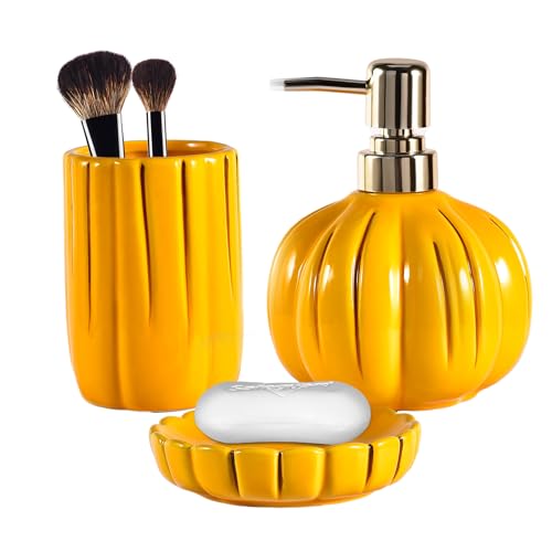 Keramik Badezimmer Set 3 Teile, Kürbis Lustige Badezimmer Deko, Badezimmer Organizer - Zahnbürstenhalter, Seifenspender, Seifenschale, Gelb von YabcY