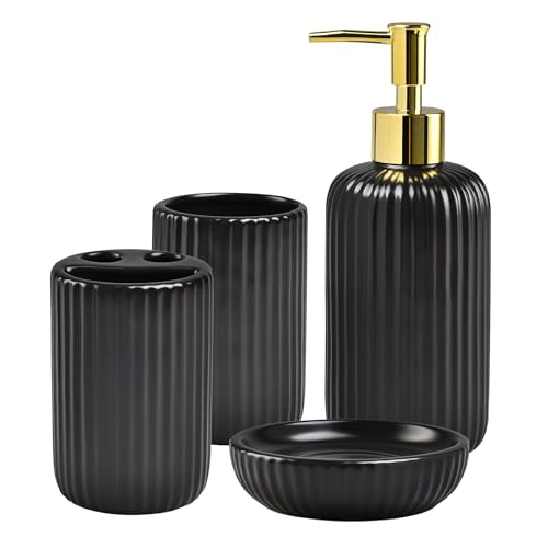 4-teiliges Badzubehör-Set aus geprägter Keramik, Glatte vertikale Streifen, Seifenschale, Becher, Zahnbürstenhalter und Lotionspender, schwarz mit goldfarbener Pumpe von YabcY