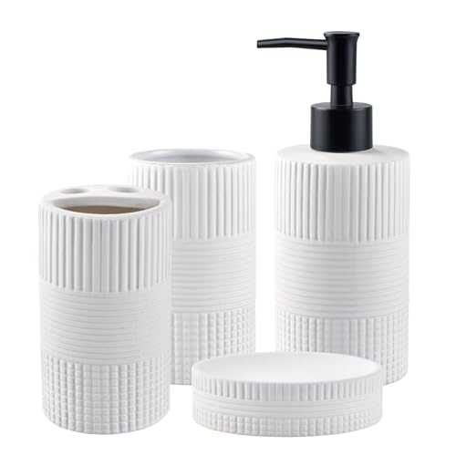 Keramik-Bad-Set verleiht dem Badezimmer EIN Facelift-Set, klassischer Zahnbürstenhalter, Becher, Lotionspender und Seifenschale, einfach passende Duschvorhänge oder Teppiche, Weiß von YabcY