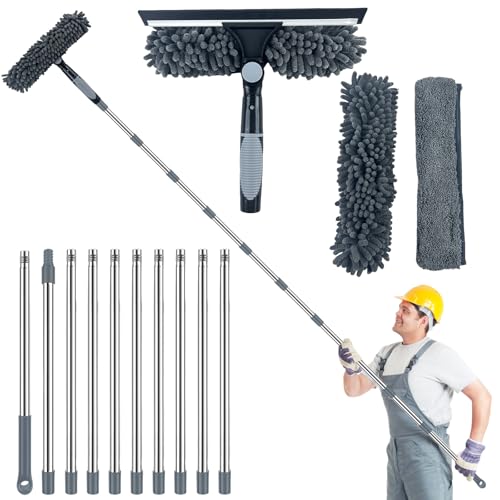Fensterwischer mit Silikonabzieher & Mikrofaserschrubber, 450 cm Langem Stiel Fensterputzer Set, 2 in 1 Professioneller Fensterwischer für Hohe Fenster im Innen- und Außenbereich (Grau) von Yabound