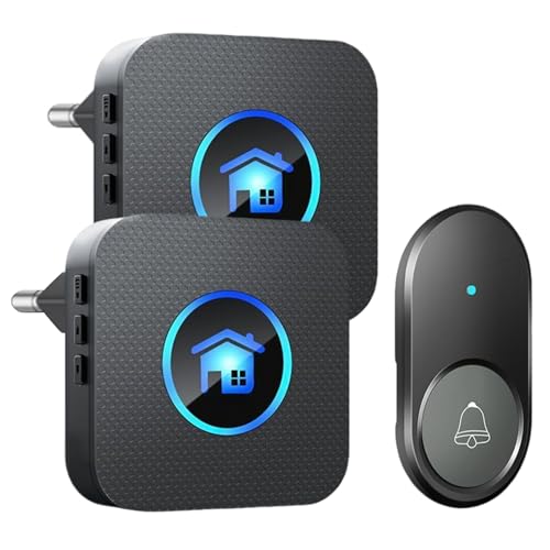 Funkklingel, 300m Reichweite Türklingel Funk mit 2 Plug-In Empfänger, IP 55 Aussen Wasserdicht Klingel Haustür mit 55 Melodien, 5 Lautstärkestufen, Kabellose Türklingel ohne batterie mit LED-Blitz von Yabound