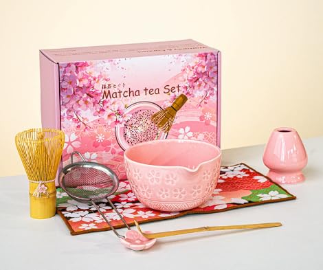 Matcha Set, 7 Stück Matcha Zubehör, Matcha Besen, Matcha Filtersieb, 530 ml Matcha-Schale, Chasen und Matcha Löffel, Rosa von Yabound