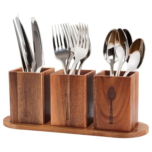 Yabound Besteckhalter, Besteckständeraus Holz mit Unterteiler, 3 Teilig Besteck Organizer Küchenutensilienhalter mit Ablaufloch, Besteckkorb für Küche von Yabound
