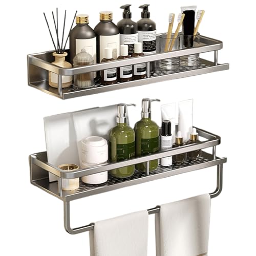 Yabound Duschablage Ohne Bohren, Duschregal Ohne Bohren, 2 Stück Duschregal Duschkorb Badezimmer Organizer, Duschkorb Ohne Bohren, Shower Shelf, Dusch Organizer, Regal Dusche, 4 Haken, Silber Grau von Yabound