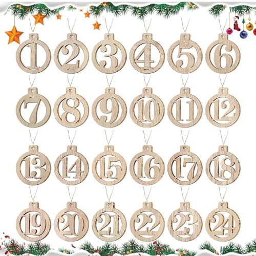 Yaclonq 1-24 Adventskalender Zahlen,Adventskalender zum Basteln Zahlen,Countdown Nummern zum Basteln Holzanhänger Holzziffern Weihnachtsanhänger für Weihnachten Countdown Zahlen Geschenkanhänger von Yaclonq