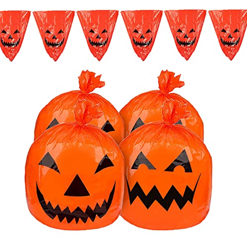 Yaclonq 4 pcs Halloween Laubsäcke Kürbis Rasentaschen Halloween Kunststoff Beutel mit Kürbis-Motiv In 2 Größen,Halloween Kürbis Kunststoff Rasen Herbst, Herbst Blatt Taschen Dekoration von Yaclonq