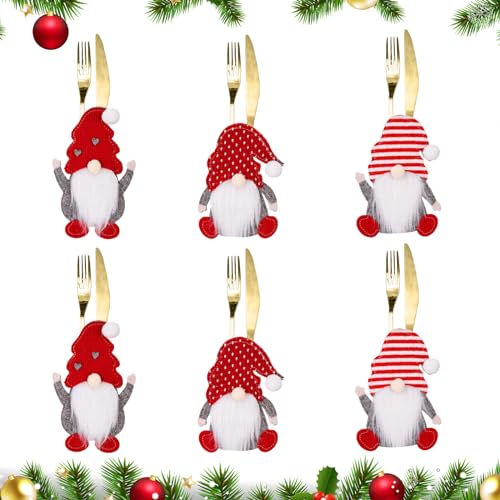 Yaclonq 6 Stück Besteckhalter Weihnachten Filz,Weihnachts Wichtel Bestecktasche,Tischdeko Bestecktaschen für Party Tisch Weihnachtsdeko Weihnachtliche Messer Gabel Löffel Tischdeko von Yaclonq
