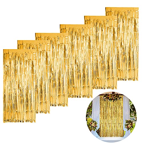 Yaclonq 6 Stück Lametta Vorhänge, Goldfolie Glitzer Folie Fransen Lametta Vorhang 1 x 2.5 m, Schimmer Metallic Tinsel für Hintergrund Dekoration,Partydekor Geburtstags,Faschingsdeko,Gold von Yaclonq