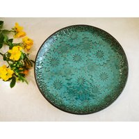 2Er Set Türkis Keramik Teller | Türkise Mit Blumendekoration Muster von YaelGronnerCeramics