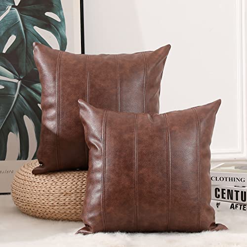 Yaertun 2 Set Kunstleder Kissenbezug 40x40 cm Gestreift Sofakissen Dekorative Kissenhülle Lederoptik Leder Bezug Couchkissen für Sofa Schlafzimmer Kissenbezüge Kissen Dunkelbraun von Yaertun