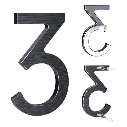 Hausnummer,12,5cm Aluminium Hausnummer,2 in 1 hausnummer klebend,selbstklebend oder verschraubbar,Aus massivem Aluminium mit gebürsteter Oberfläche,wetterfest,für Tür/Wand/Zaun/Garage-Schwarz Ziffer 3 von Yafimea
