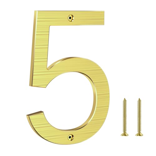 Hausnummer,20cm Aluminium Hausnummer, hausnummer schild,Aus massivem Aluminium mit gebürsteter Oberfläche, Schraubmontage, Witterungs und korrosionsbeständi,für Tür/Wand/Zaun/Garage-Gold Ziffer 5 von Yafimea