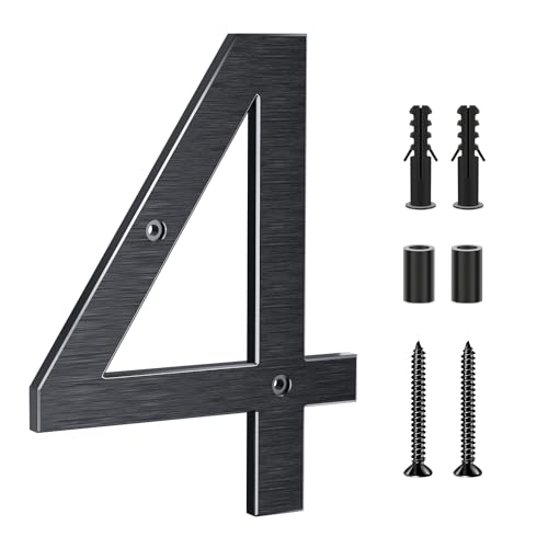 Hausnummer,20cm Aluminium Hausnummer,2 in 1 hausnummer klebend,selbstklebend oder verschraubbar,Aus massivem Aluminium mit gebürsteter Oberfläche,wetterfest,für Tür/Wand/Zaun/Garage-Schwarz Ziffer 4 von Yafimea