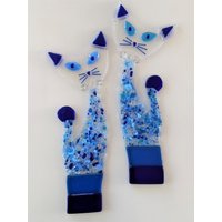 Blaue Glas Kätzchen, Lustige Wandkunst Elegante Dekoration, Zwilling Katzen Wandbehang, Strukturierte Von Yafitglass von YafitGlass