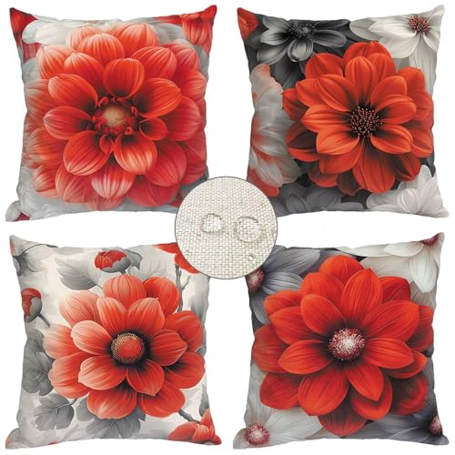 4er Set kissenbezüge 55x55cm Pflanze Mohn Deko Kissenbezug Rot Outdoor Kissen Wasserfest kissenhüllen für Schlafzimmer Wohnzimmer Büro Garten Sofa,Wasserdichtes Leinen Sommer Garten Zierkissen HW-7666 von Yagagse