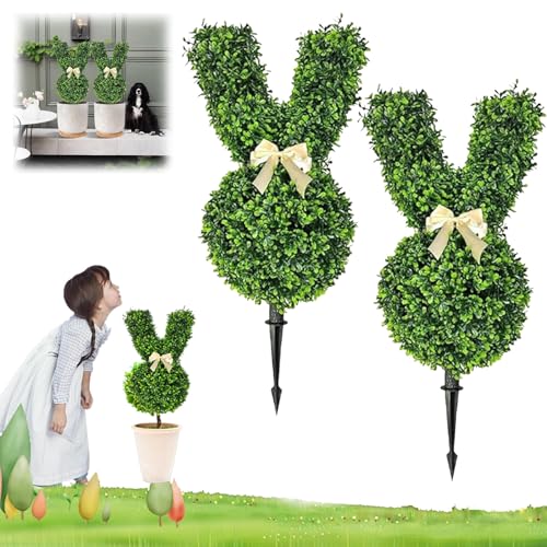 Bunny Topiary, 2er-Set, künstliche Hasenpflanze, Osterdeko, künstliche Formschnittbäume mit Häschen für draußen, Formschnittpflanze aus Kunstbuchsbaum, Frühlingsdekoration für Haus und Garten (2PC) von Yagerod