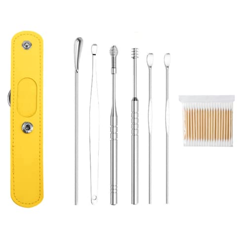 Yagerod The Most Professional Ear Cleaning Master in 2023, Earwax Cleaning Tool 6-Piece Set with PU Leather, Earwax Cleaner Tool Set, Ear Pick Earwax Removal Kit Stainless Steel (Yellow) von Yagerod