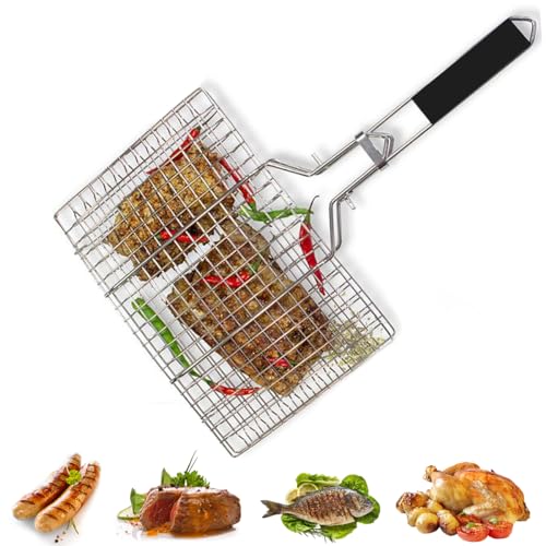 Grillkorb Fischbräter, Fisch-Grillkorb, Faltbar Grill Fischhalter aus Edelstahl, Tragbar BBQ Grillgitter mit abnehmbarem Griff, Grillwerkzeug für Fischgemüse, Garnelen, Steak, Garnelenkoteletts, S von Yagosodee