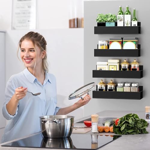 Yagosodee GewüRzregal Magnetisch KüHlschran, 4 StüCk Magnetisches GewüRzregal Organizer, Ohne Bohren, HäNgende Magnetische Regale FüR KüChenorganisation Und GewüRzregal Mikrowelle, Schwarz von Yagosodee