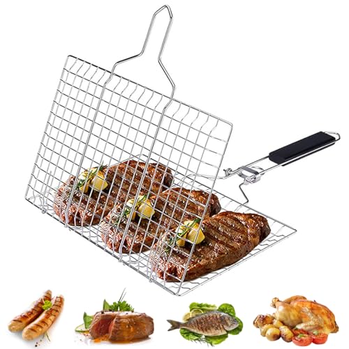Yagosodee Tragbarer Grillkorb aus Edelstahl, Grill-Kochgeschirr mit abnehmbarem Holzgriff zum Grillen von Fisch, Gemüse, Steak von Yagosodee
