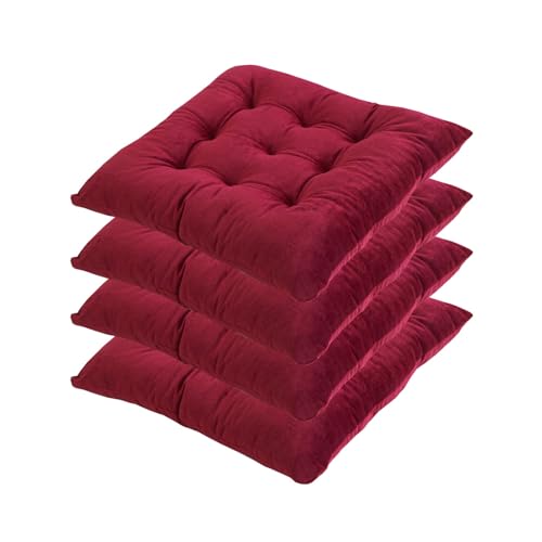 Yahbrra 4er Set Stuhlkissen 40 x 40 cm Sitzkissen mit Bändern Einfarbige Auflagen für Stühle Kristall Samt Sitzkissen und weicher Polyester Füllung (Color : Red, Size : 4 Pack (40 * 40 * 7cm)) von Yahbrra