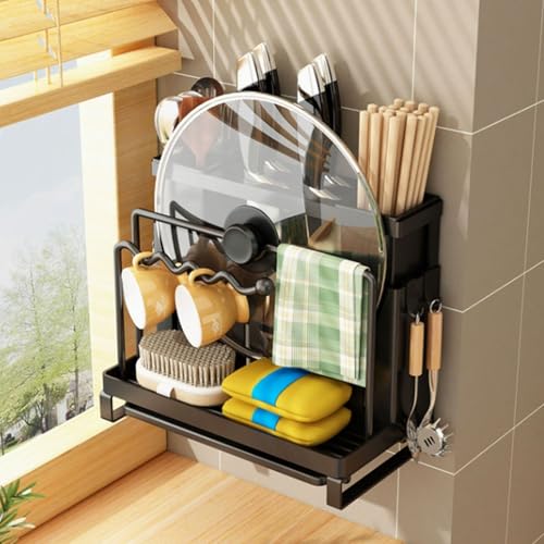 Yahbrra Kitchen Organizer Shelf Küchen Organizer: für Arbeitsplatte Aufbewahrung mit Utensilienhalter Schneidebretthalter mit Haken Wand und Arbeitsplatte (Schwarz, 25x16x24cm) von Yahbrra