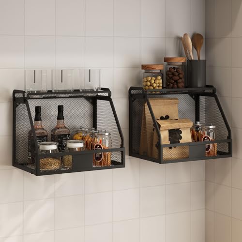 Yahbrra Obstkorb Hängend Küchen Organizer 2 Stück: fur Obst und Gemüse Aufbewahrung Faltbar Abnehmbare mit 8 Haken Fruit Basket Kitchen Storage Organisation (Schwarz, 32.5x24x27cm) von Yahbrra