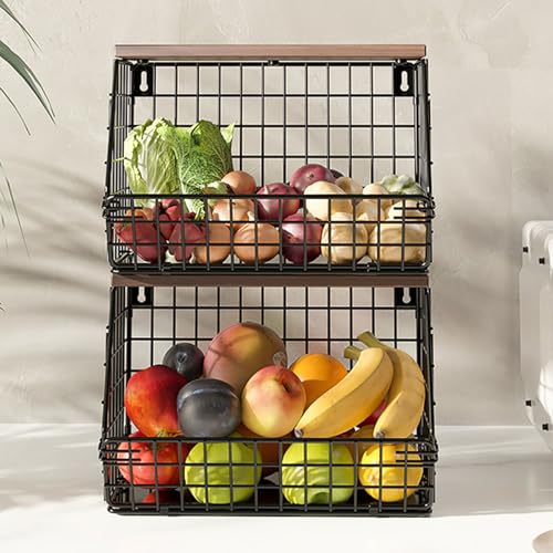 Yahbrra Obstkorb Hängend Wandregal Küche Hängekorb: 2 Stück mit Holzdeckel Drahtkorb Stapelbar Wandmontierbar zur Aufbewahrung von Gemüse Obst und Snack (Schwarz, 30x15.5x21.6cm) von Yahbrra