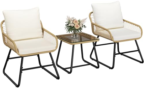 Yaheetech 3-teiliges Poly-Rattan Bistroset Bistrotisch mit 2 Stühlen Gartenmöbel Set Balkonmöbel Kleiner Balkon Lounge Möbel Outdoor, Hellbraun & Cremeweiß von Yaheetech