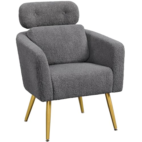 Yaheetech Loungesessel aus Bouclé-Gewebe Sessel Polstersessel mit höhenverstellbarer Kopfstütze Fernsehsessel mit Metallbeinen für Wohnzimmer/Büro Dunkelgrau von Yaheetech