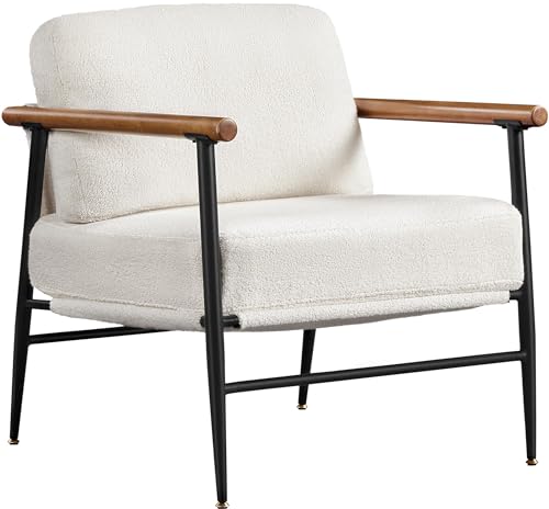 Yaheetech Gepolsterter Sessel mit Armlehnen, Loungesessel mit Metallrahmen, Fernsehsessel aus Bouclé-Gewebe, für Wohnzimmer/Schlafzimmer, Elfenbein von Yaheetech
