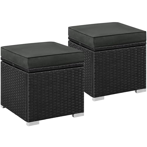 Yaheetech 2 STK. Rattan Hocker mit Abnehmbarem Kissen & Stauraum, Wetterfest Sitzhocker Gartenhocker Fußhocker Flache Rattanoptik für Outdoor Garten Terrasse, Schwarz & Grau von Yaheetech