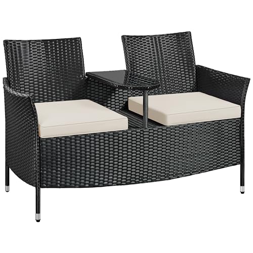Yaheetech 2-Sitzer Polyrattan Gartenbank mit Tisch, Stabile Rattan Sitzbank 350 kg Belastbarkeit, 131×65,5×85 cm Wetterfest Balkonbank Gartenmöbel für Garten Balkon Terrasse, Schwarz-Beige von Yaheetech