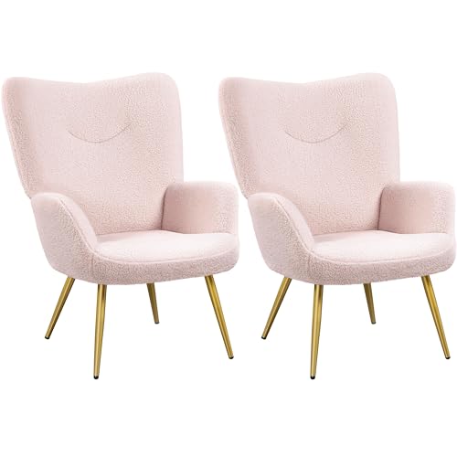 Yaheetech Ohrensessel 2er Set Modern Sessel aus Bouclé-Gewebe Armsessel Lehnsessel Polsterstuhl bis 136 kg Belastbar Rosa von Yaheetech