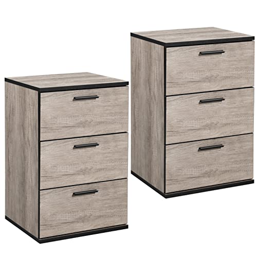 Yaheetech 2 x Nachttisch Nachtschrank Nachtkommode 3 Schubladen 60cm hoch Schubladenschrank Beistelltisch Metallgriffe Nachtkonsole für Schlafzimmer/Wohnzinmmer, Grau von Yaheetech