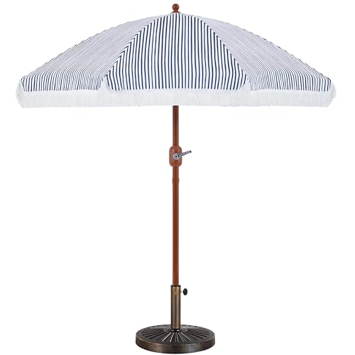 Yaheetech Φ 215 cm Sonnenschirm mit 14 kg Schirmständer Romantischer Gartenschirm mit Fransen 8-Glasfaserrippen-Schirm mit Quasten Kurbelschirm Sonnenschutz Terrassenschirm, UV-Schutz, Blau & Weiß von Yaheetech