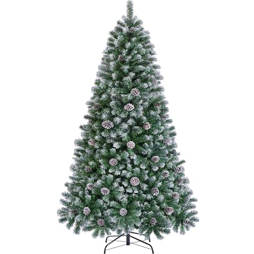 Yaheetech 228 cm künstlicher Weihnachtsbaum mit Schnee und 82 Kiefernzapfen (Ø ca.132 cm) 1346 Spitzen, Schwer entflammbarer Tannenbaum mit Schnellaufbau Klappsystem inkll. Metallständer von Yaheetech