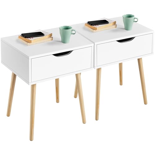 Yaheetech 2X Nachttisch Beistelltisch Nachtschrank mit Schublade und 4 Holzbeinen Skandinavischer Sofatisch aus Holz Nachtkommode für Schlafzimmer/Wohnzimmer, Weiß von Yaheetech