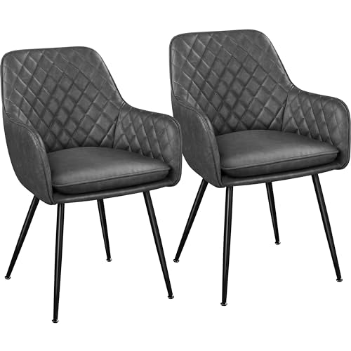 Yaheetech Esszimmerstühle 2er Set Küchenstühle, Polsterstühle mit Armlehnen Metallbeine, Seesel aus Kunstleder für Arbeitszimmer/Wohnzimmer, Dunkelgrau von Yaheetech