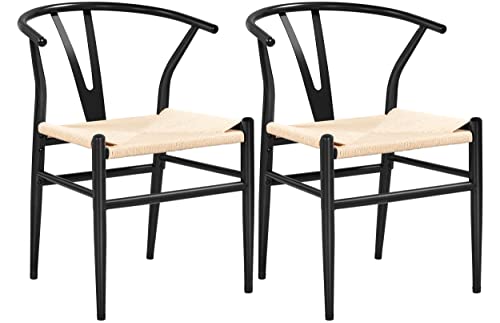 Yaheetech 2-er Set mittelalterliche Esszimmerstühle Y-Stuhl Natur Stuhl Rattan Sessel Lehnstuhl mit Gewebtem Sitz, Armlehnenstuhl, schwarz+holzfarbe von Yaheetech