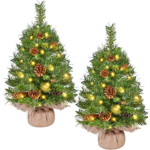 Yaheetech 2er-Set 61 cm Mini Künstlicher Weihnachtsbaum mit 35 Warmweiß LED Beleuchtung & 12 Tannenzapfen Kleiner Christbaum Tisch Tannenbaum für Weihnachtsdeko, Grün von Yaheetech