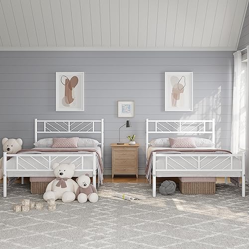 Yaheetech 2er Set 90 x 190 cm Metallbett Minimalistischer Bettrahmen mit Kopfteil Gästebett mit Lattenrost für Schlafzimmer Weiß von Yaheetech