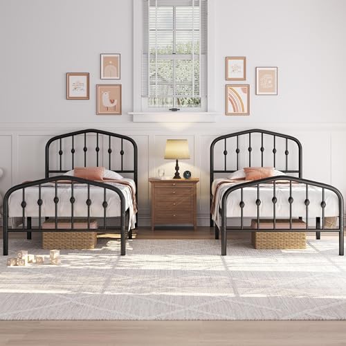 Yaheetech 2er Set 90 x 200 cm, Vintage Metallbett mit kronenförmigem Kopfteil, Stabiles Bettgestell Einzelbett aus Metall, Robust & Leichte Montage Gästebett Jugendbett Tagesbett, Schwarz von Yaheetech