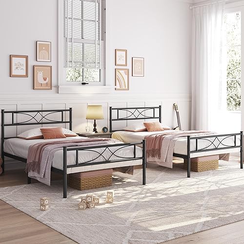 Yaheetech 2er Set 90 x 200 cm Metallbett Bettrahmen mit Hohem Kopfteil Gästebett mit Lattenrost für Gästezimmer 32cm Höhe unter dem Bett Schwarz von Yaheetech